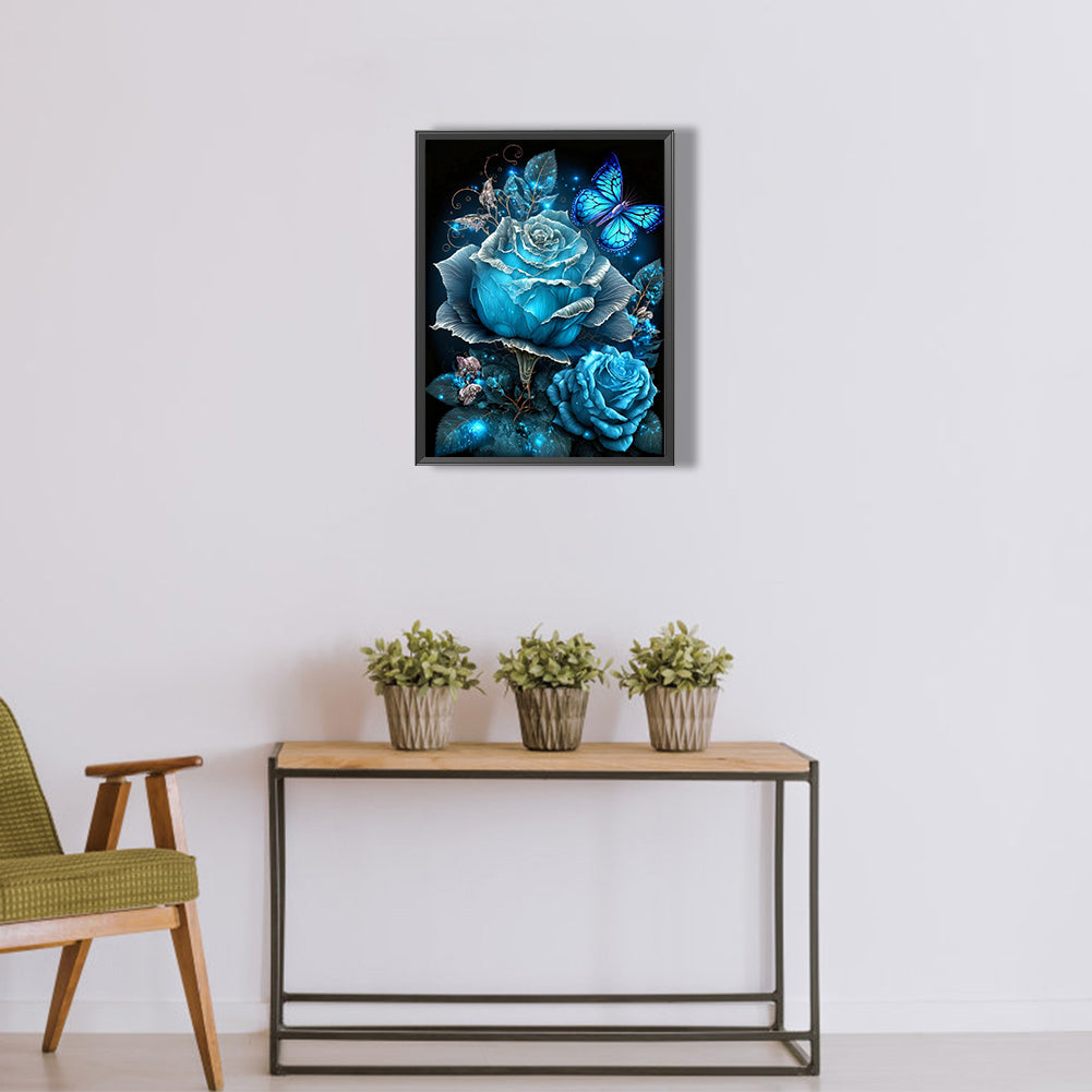 Blue Butterfly Rose - Full Round Drill Diamond Painting 30*40CM