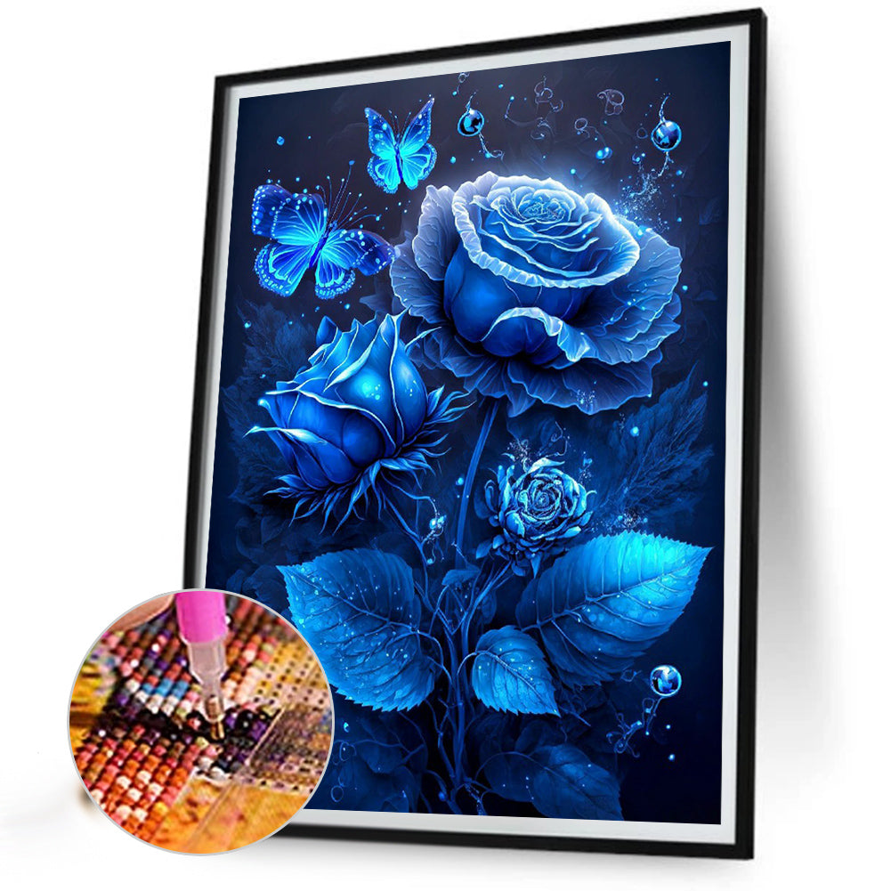 Blue Butterfly Rose - Full Round Drill Diamond Painting 30*40CM