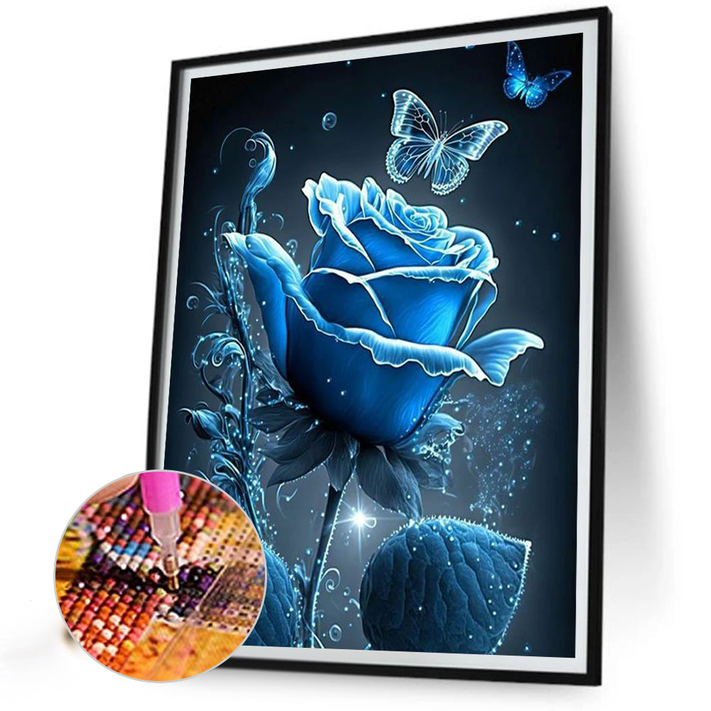 Blue Butterfly Rose - Full Round Drill Diamond Painting 30*40CM