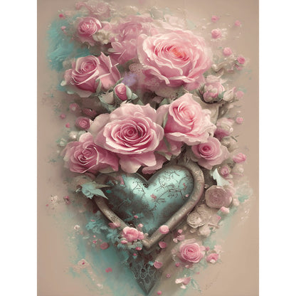 Pink Rose Heart - Full Round Drill Diamond Painting 30*40CM