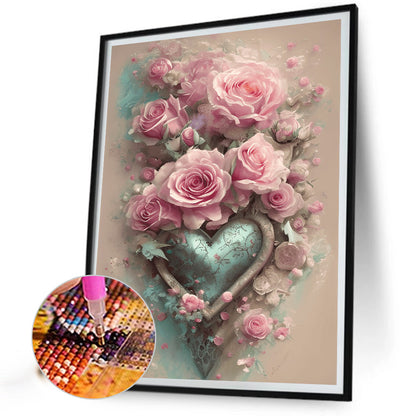 Pink Rose Heart - Full Round Drill Diamond Painting 30*40CM