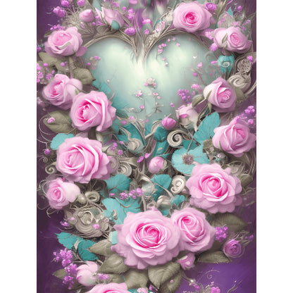 Pink Rose Heart - Full Round Drill Diamond Painting 30*40CM