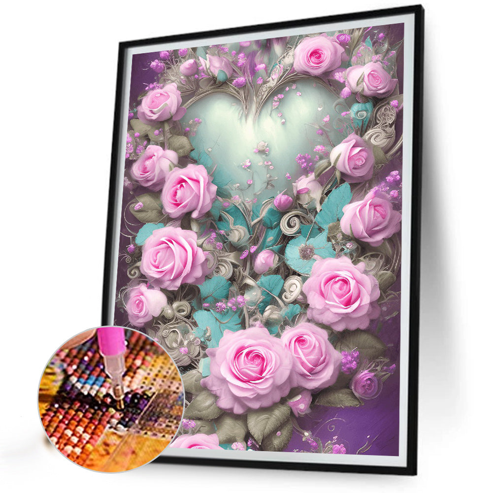 Pink Rose Heart - Full Round Drill Diamond Painting 30*40CM