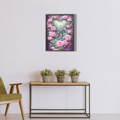 Pink Rose Heart - Full Round Drill Diamond Painting 30*40CM