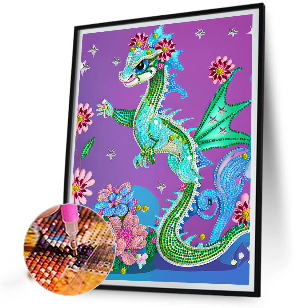 Flower Cartoon Dragon - Special Shaped Drill Diamond Painting 30*40CM