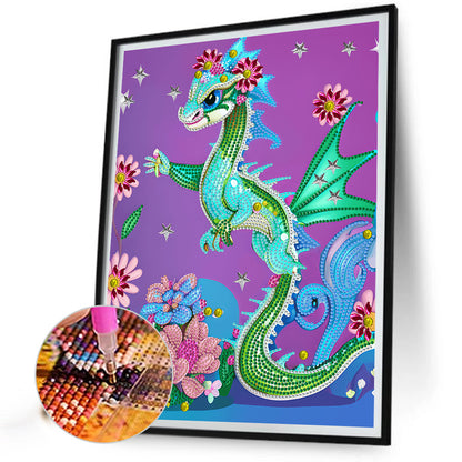 Flower Cartoon Dragon - Special Shaped Drill Diamond Painting 30*40CM