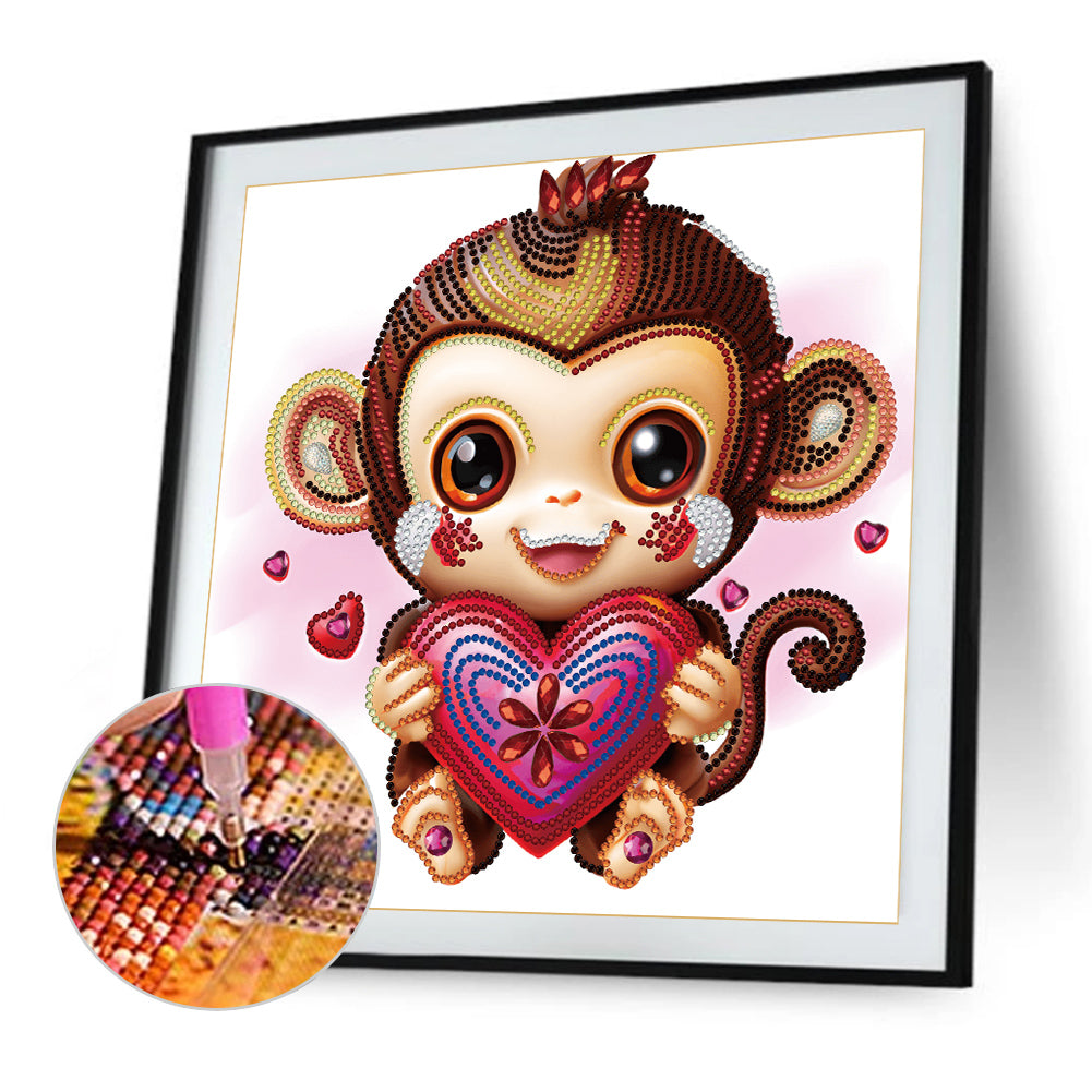 Cartoon Little Monkey Holding A Heart - Special Shaped Drill Diamond Painting 30*30CM