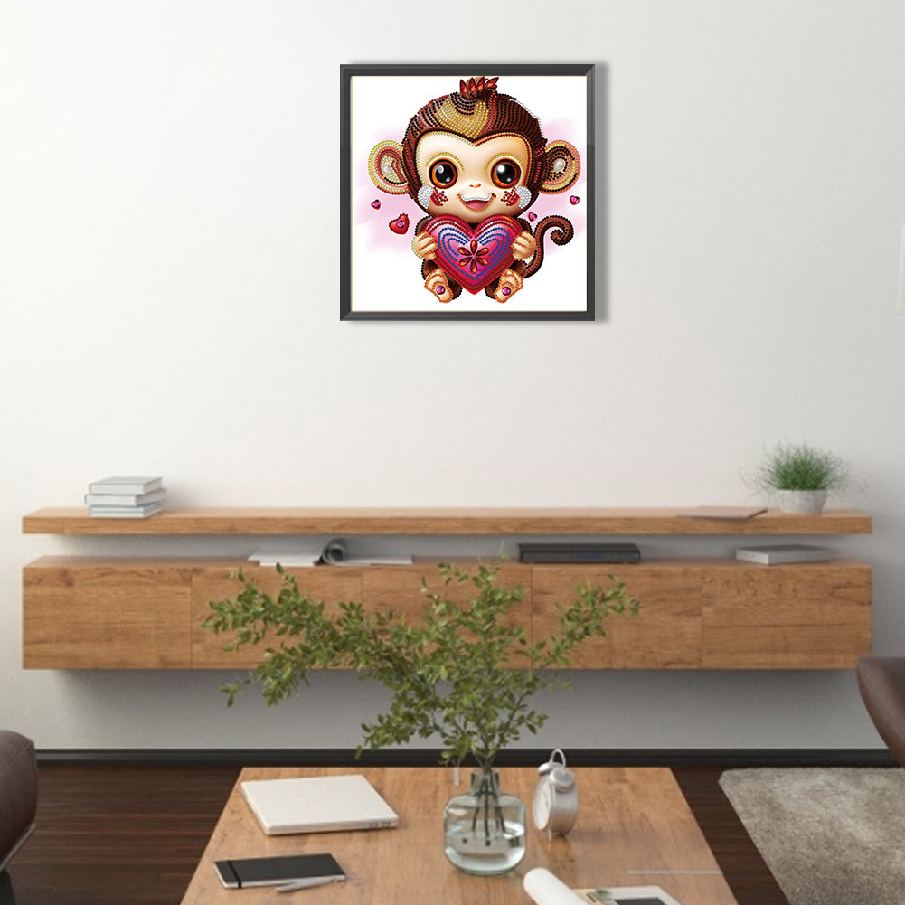 Cartoon Little Monkey Holding A Heart - Special Shaped Drill Diamond Painting 30*30CM
