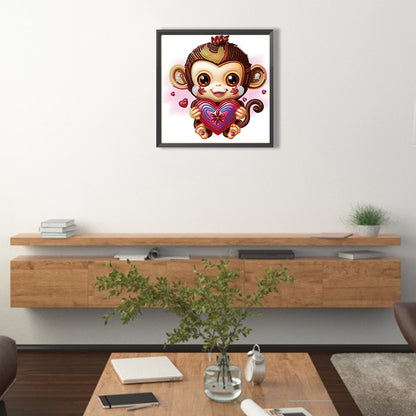 Cartoon Little Monkey Holding A Heart - Special Shaped Drill Diamond Painting 30*30CM
