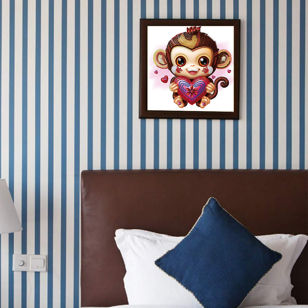 Cartoon Little Monkey Holding A Heart - Special Shaped Drill Diamond Painting 30*30CM