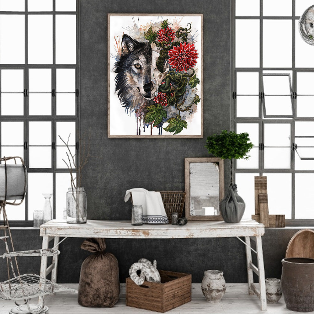 Vine Skull Wolf Head - Full Round Drill Diamond Painting 30*40CM