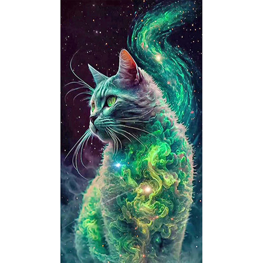 Green Starry Smoke Cat - Full Square Drill Diamond Painting 40*70CM