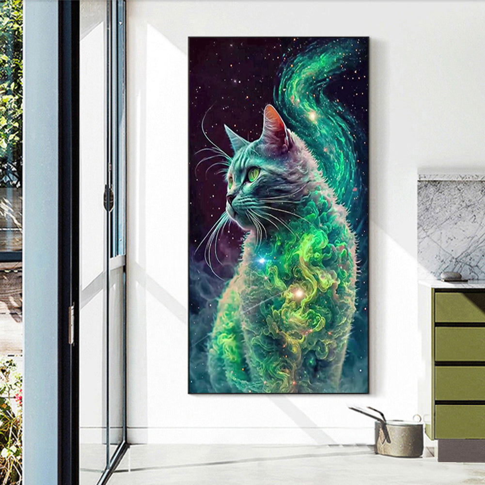 Green Starry Smoke Cat - Full Square Drill Diamond Painting 40*70CM