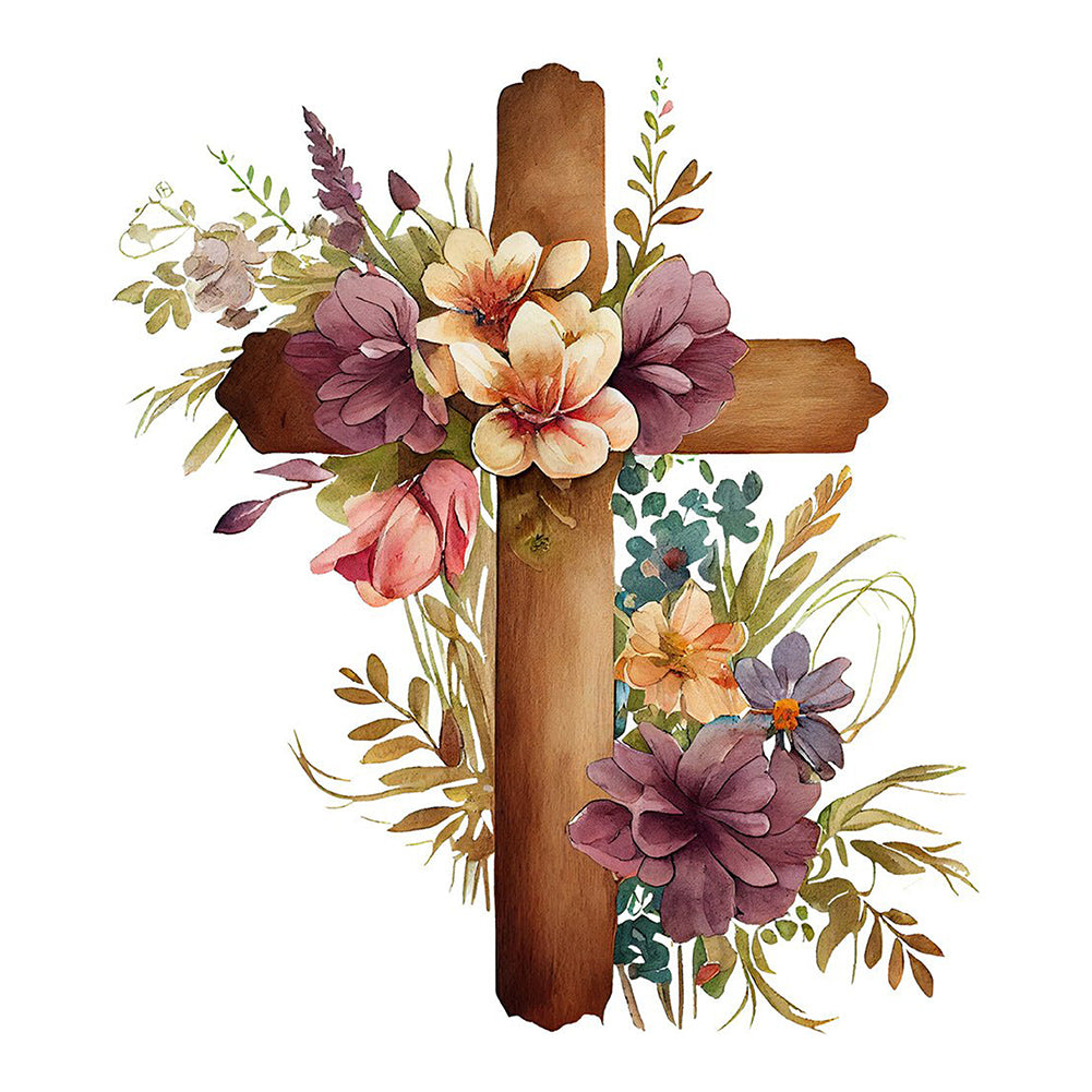 Wooden Flower Cross - Full Round Drill Diamond Painting 30*30CM