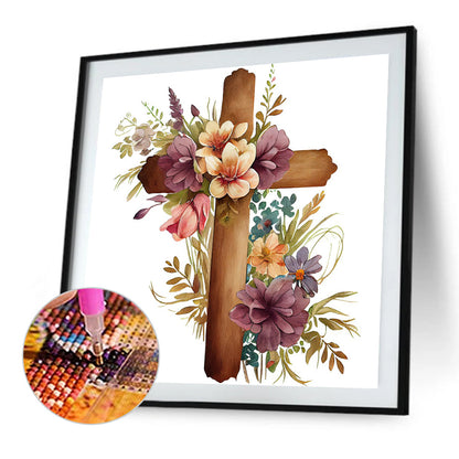 Wooden Flower Cross - Full Round Drill Diamond Painting 30*30CM