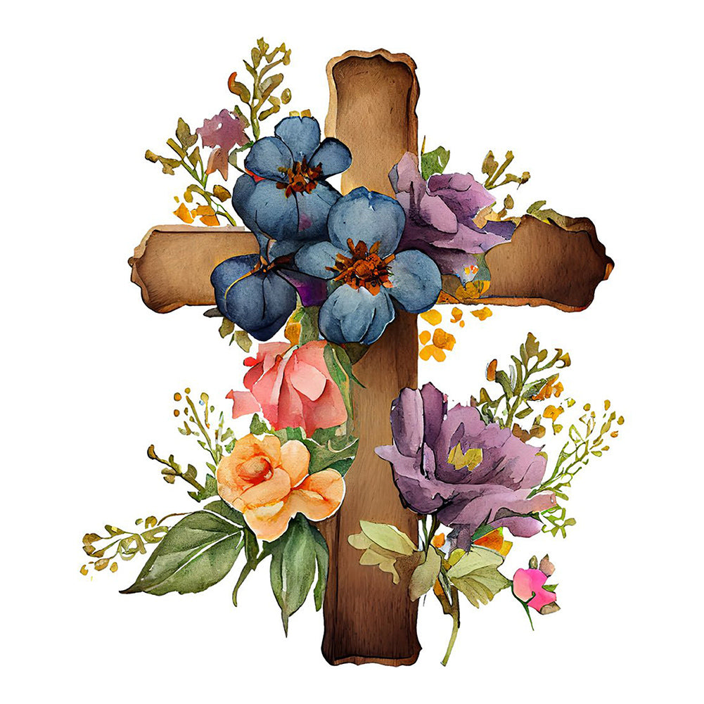 Wooden Flower Cross - Full Round Drill Diamond Painting 30*30CM