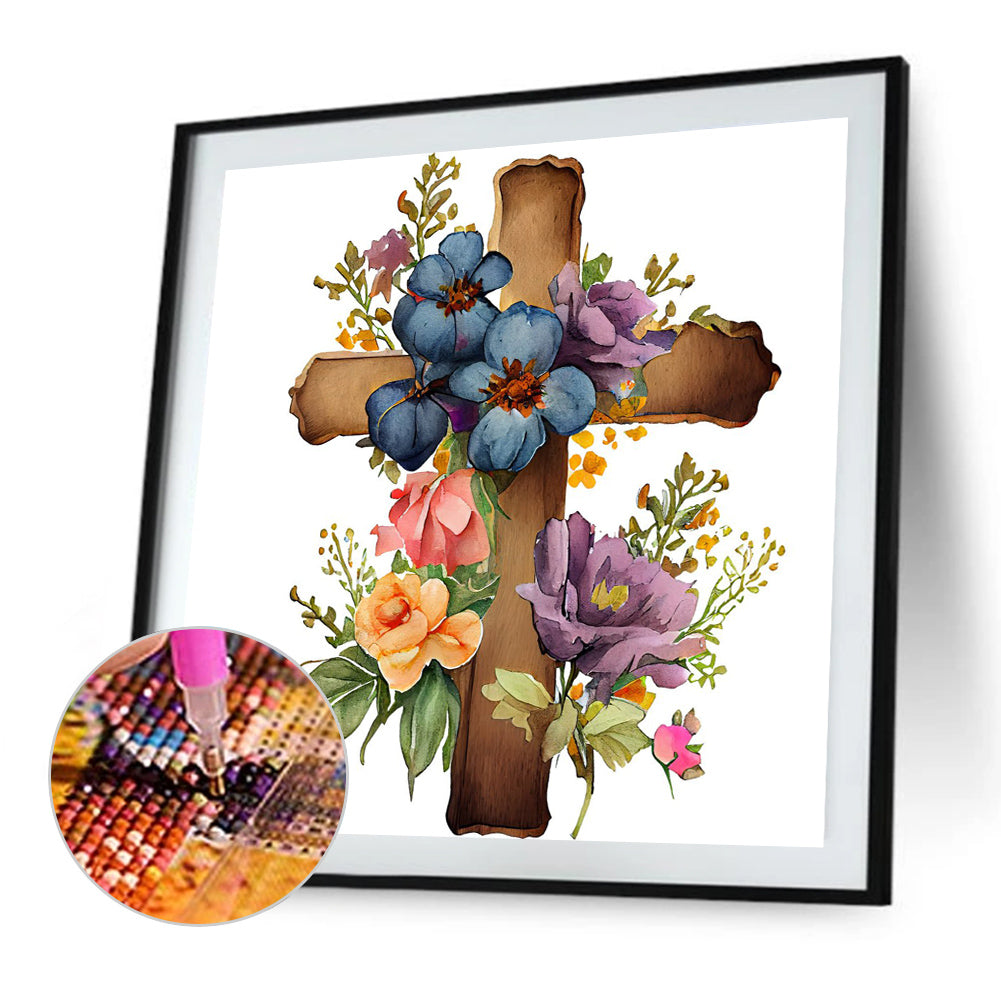 Wooden Flower Cross - Full Round Drill Diamond Painting 30*30CM