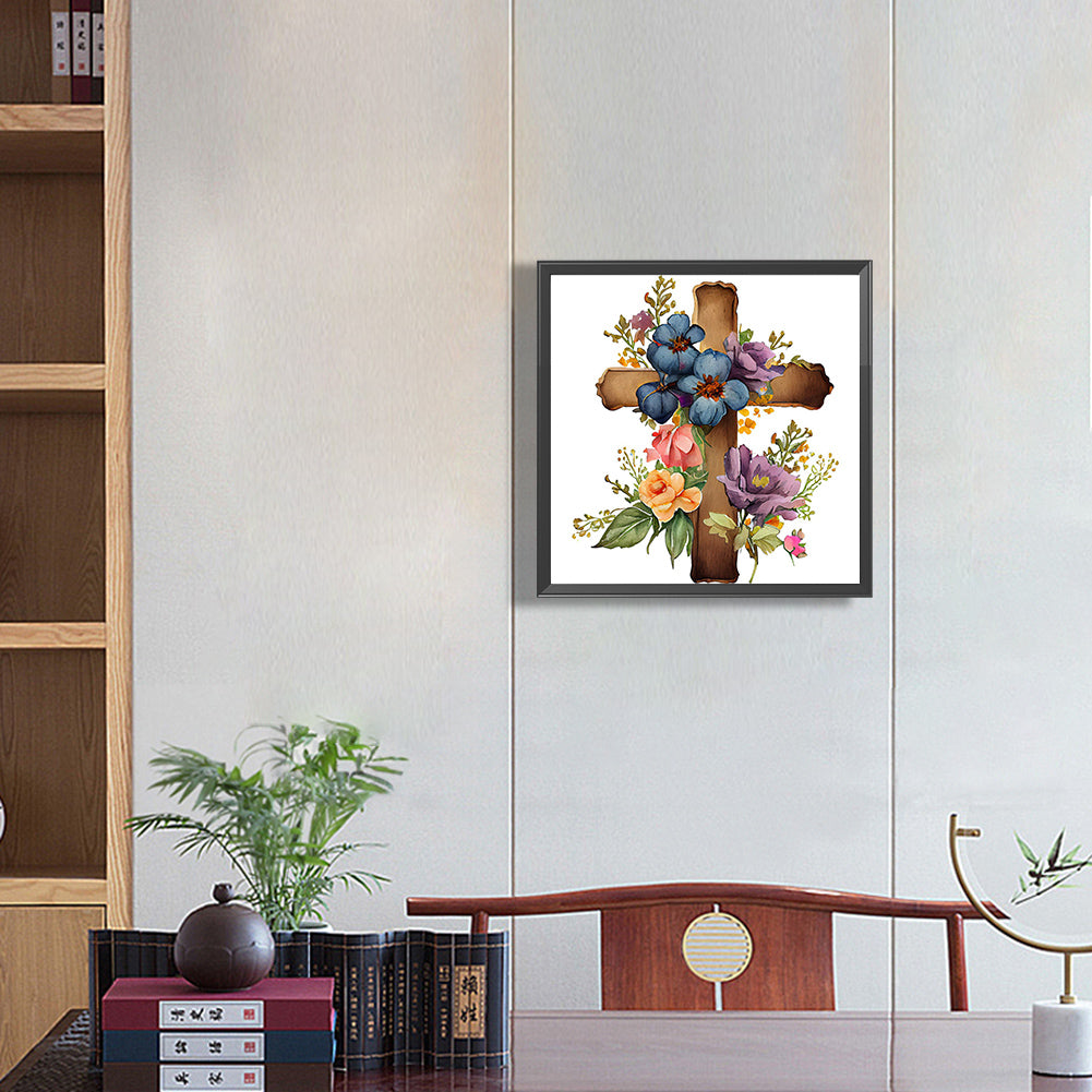 Wooden Flower Cross - Full Round Drill Diamond Painting 30*30CM