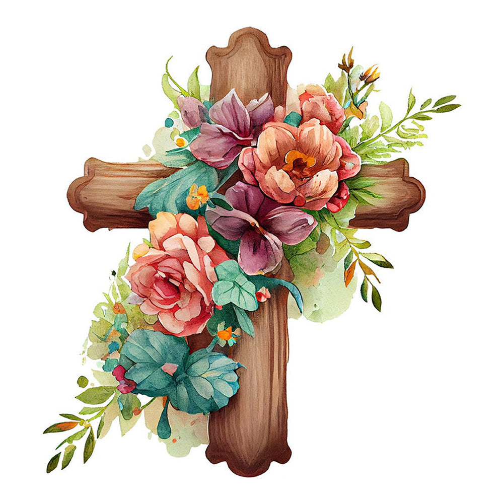 Wooden Flower Cross - Full Round Drill Diamond Painting 30*30CM