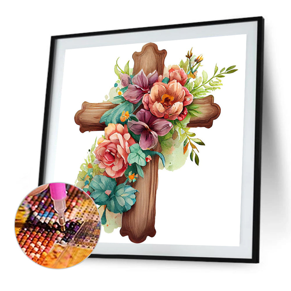 Wooden Flower Cross - Full Round Drill Diamond Painting 30*30CM