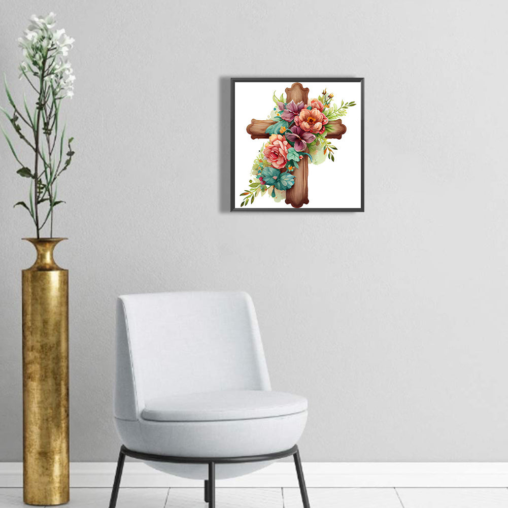 Wooden Flower Cross - Full Round Drill Diamond Painting 30*30CM