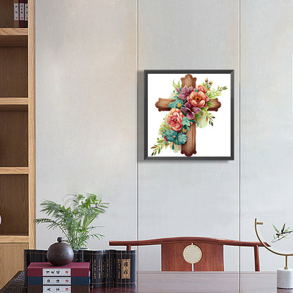 Wooden Flower Cross - Full Round Drill Diamond Painting 30*30CM