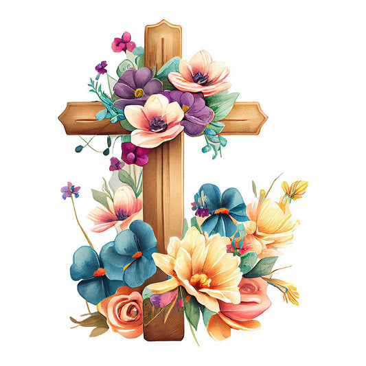 Wooden Flower Cross - Full Round Drill Diamond Painting 30*30CM