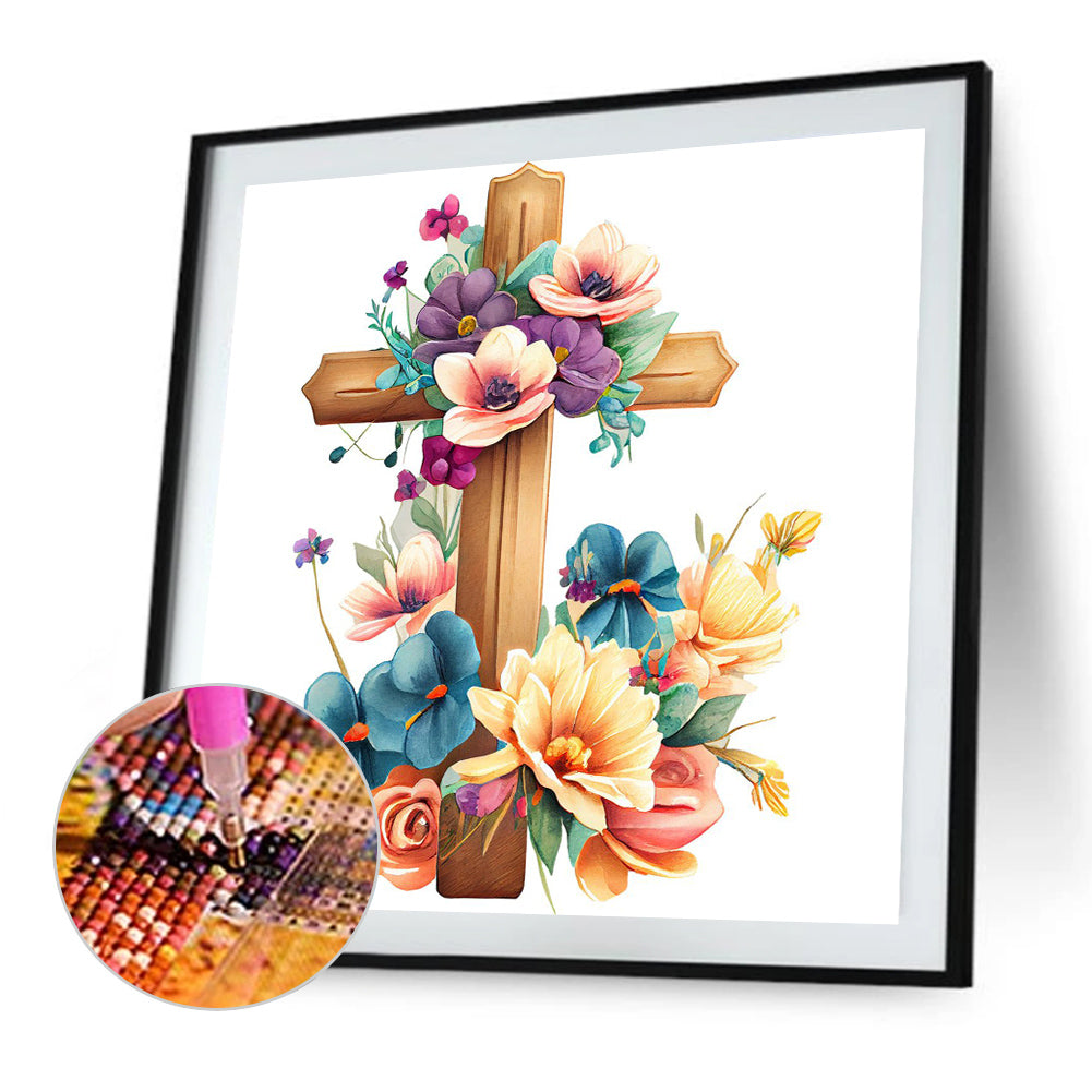 Wooden Flower Cross - Full Round Drill Diamond Painting 30*30CM