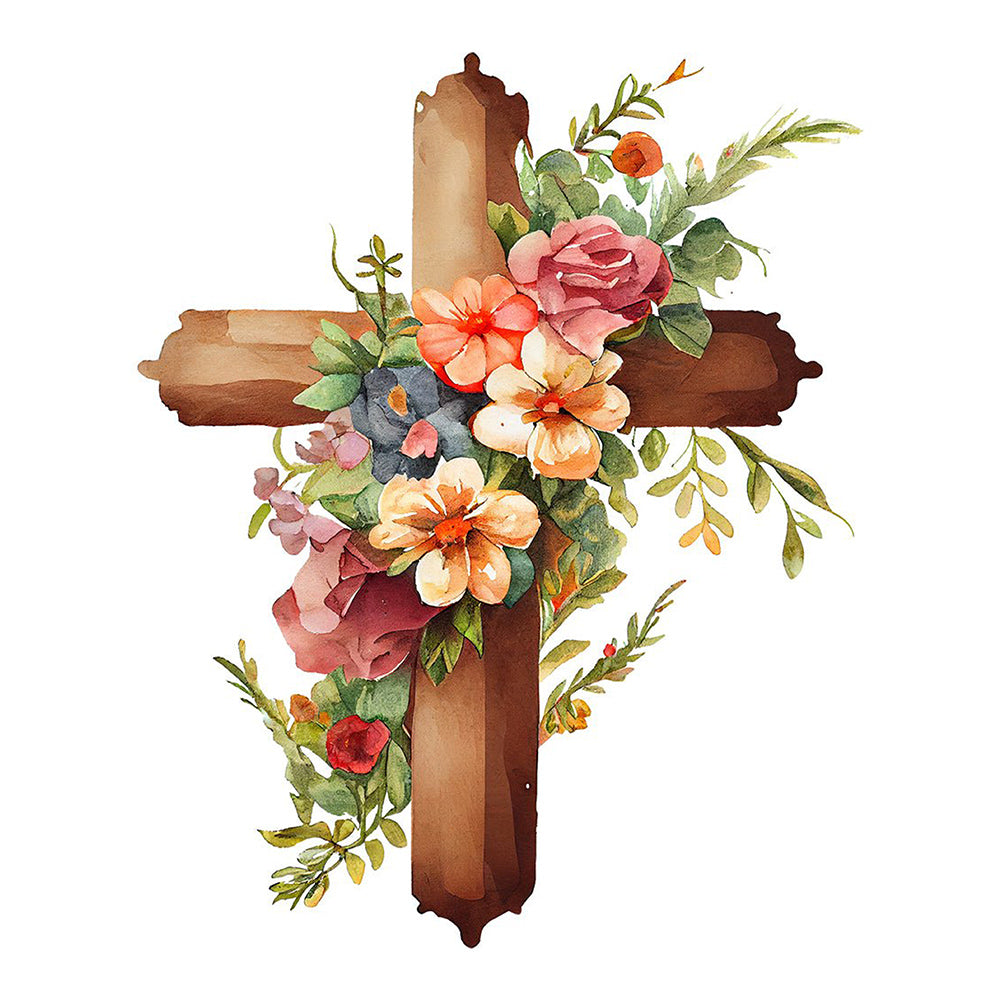 Wooden Flower Cross - Full Round Drill Diamond Painting 30*30CM