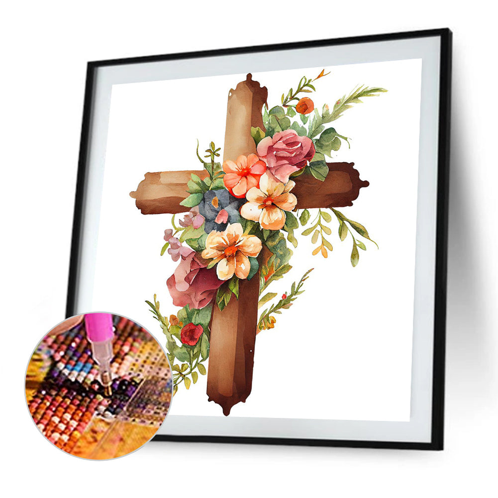 Wooden Flower Cross - Full Round Drill Diamond Painting 30*30CM