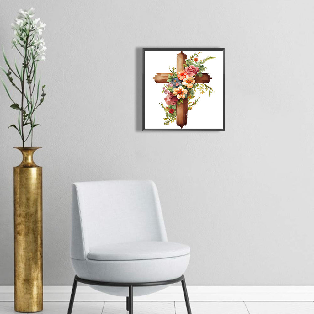 Wooden Flower Cross - Full Round Drill Diamond Painting 30*30CM