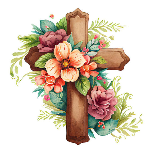 Wooden Flower Cross - Full Round Drill Diamond Painting 30*30CM