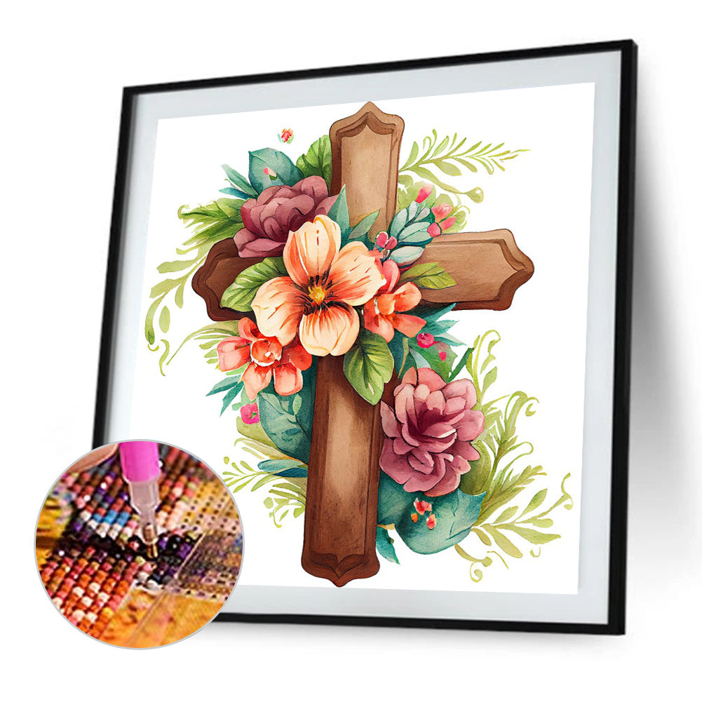 Wooden Flower Cross - Full Round Drill Diamond Painting 30*30CM