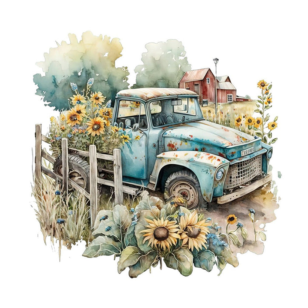 Retro Nostalgic Sunflower Truck - Full Round Drill Diamond Painting 30*30CM