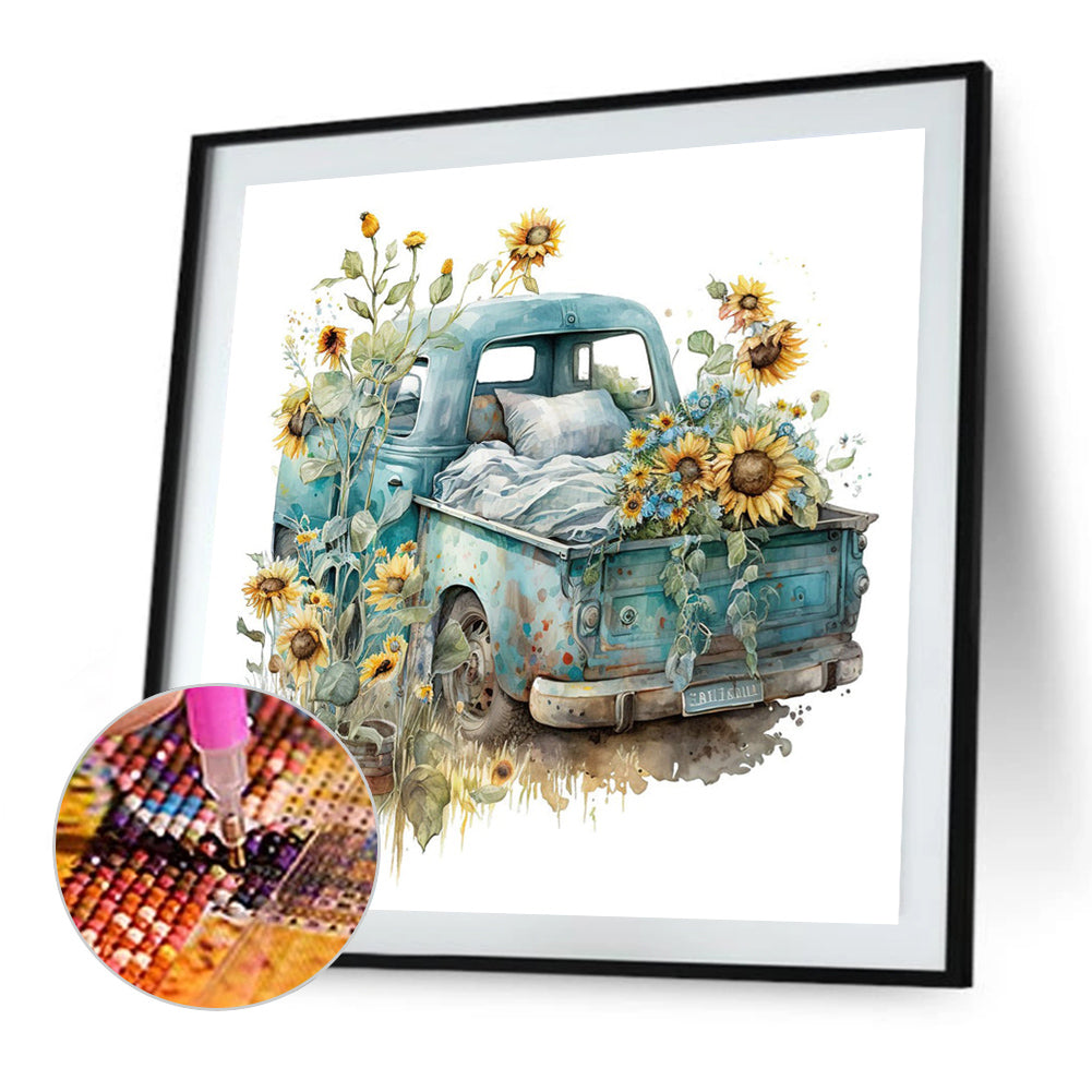 Retro Nostalgic Sunflower Truck - Full Round Drill Diamond Painting 30*30CM