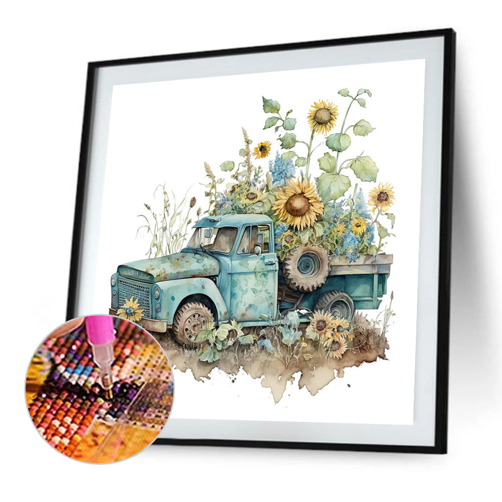 Retro Nostalgic Sunflower Truck - Full Round Drill Diamond Painting 30*30CM