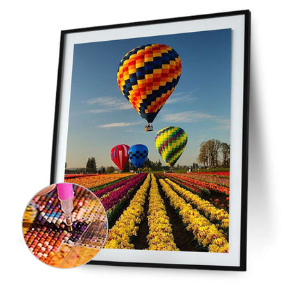 Hot Air Balloon Over Sea Of Flowers - Full Round Drill Diamond Painting 30*40CM