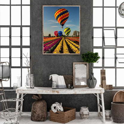 Hot Air Balloon Over Sea Of Flowers - Full Round Drill Diamond Painting 30*40CM
