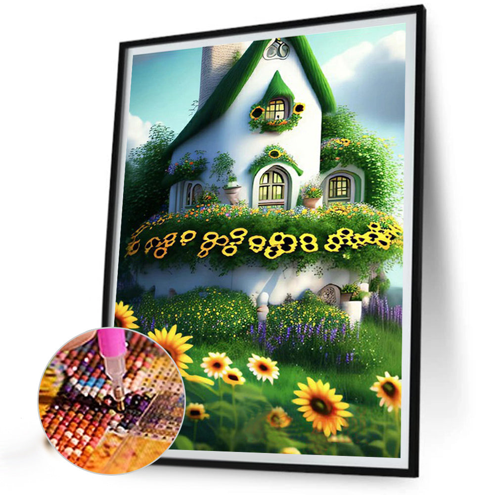 Green House With Sunflowers - Full Round Drill Diamond Painting 30*40CM