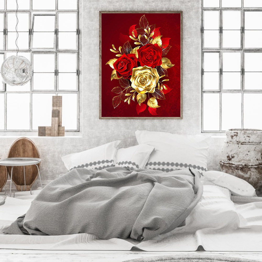 Golden Red Rose - Full Square Drill Diamond Painting 50*60CM