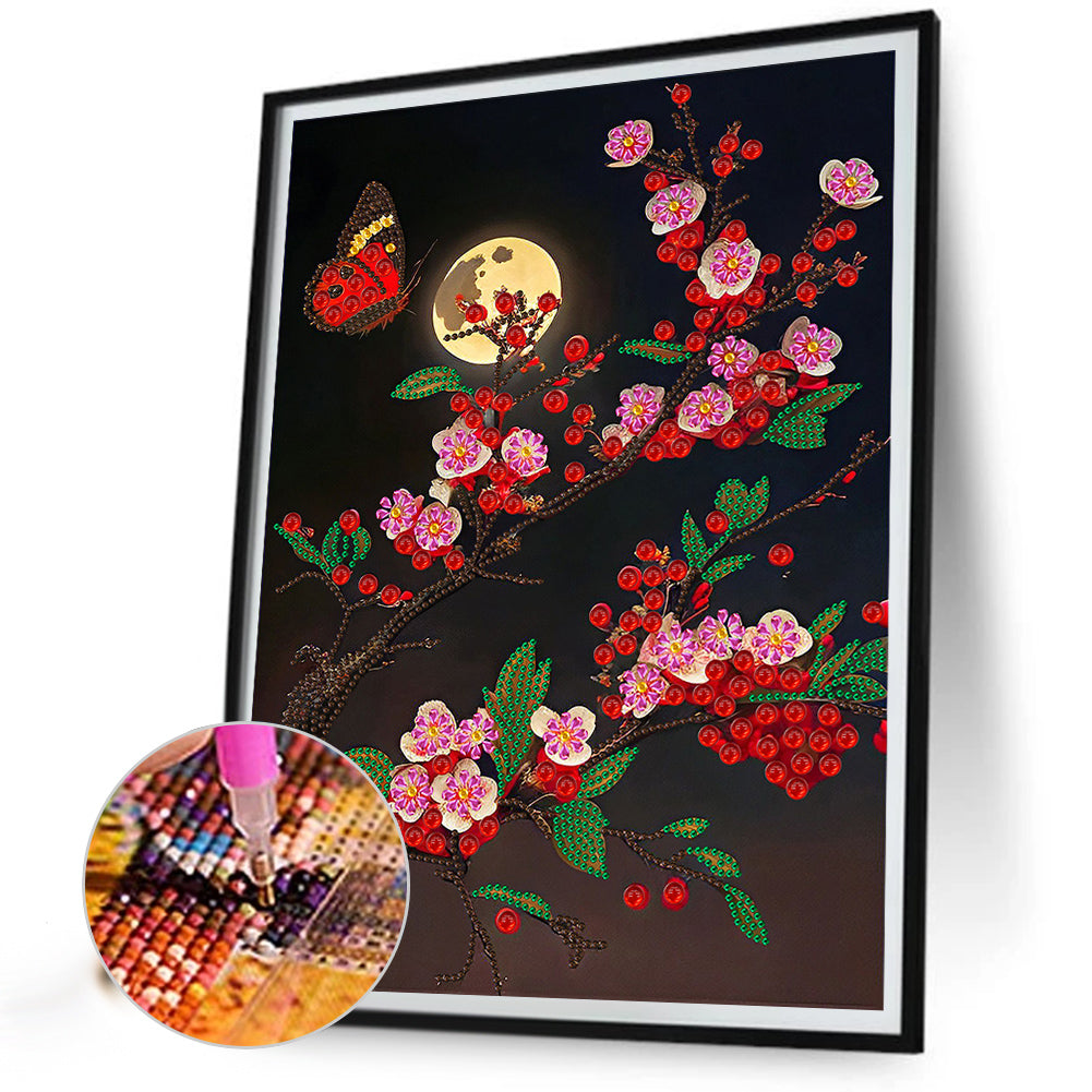 Butterfly On A Branch Under The Moon - Special Shaped Drill Diamond Painting 30*40CM