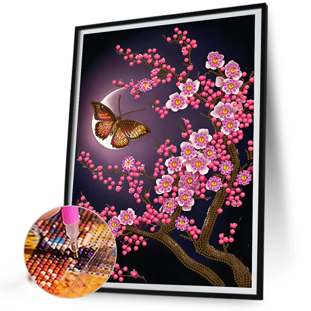 Butterfly On A Branch Under The Moon - Special Shaped Drill Diamond Painting 30*40CM