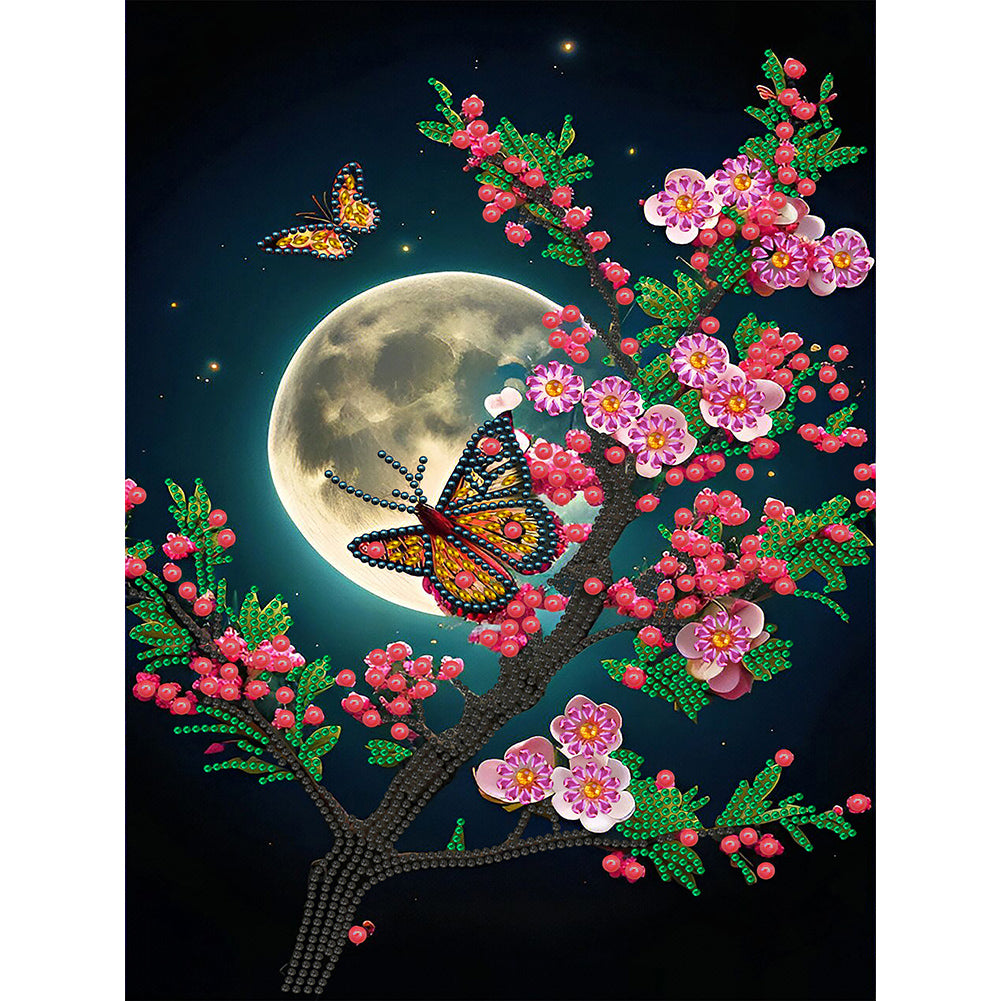 Butterfly On A Branch Under The Moon - Special Shaped Drill Diamond Painting 30*40CM