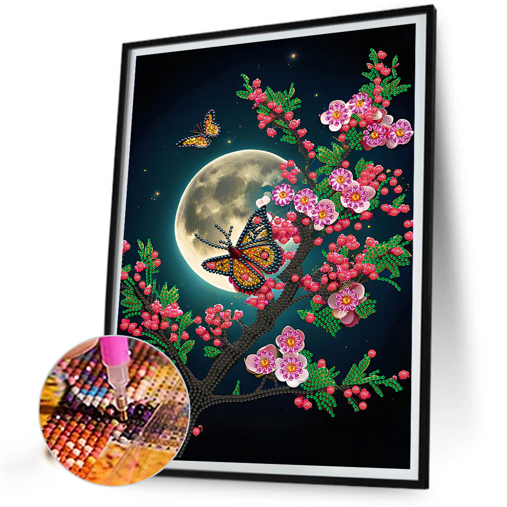 Butterfly On A Branch Under The Moon - Special Shaped Drill Diamond Painting 30*40CM