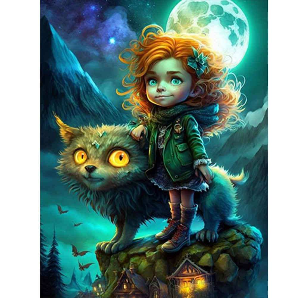 Animal Girl Under The Moon - Full Square Drill Diamond Painting 30*40CM