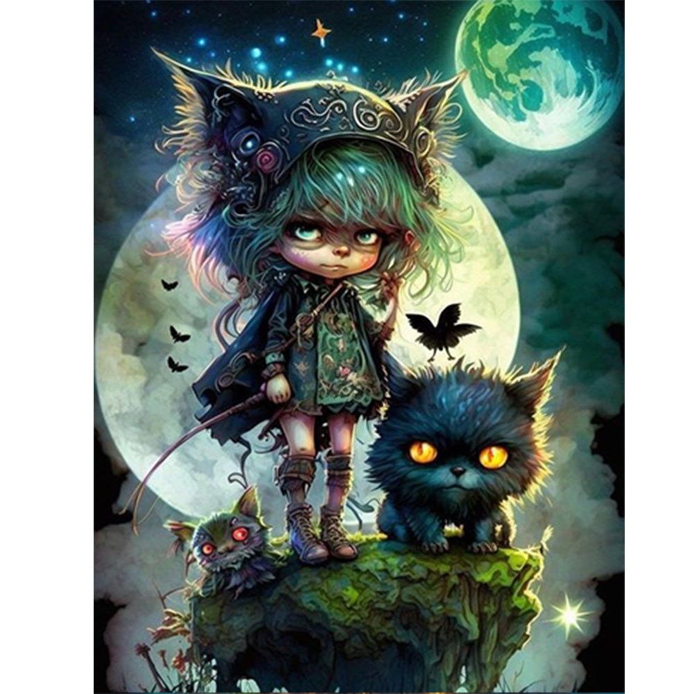 Animal Girl Under The Moon - Full Square Drill Diamond Painting 30*40CM