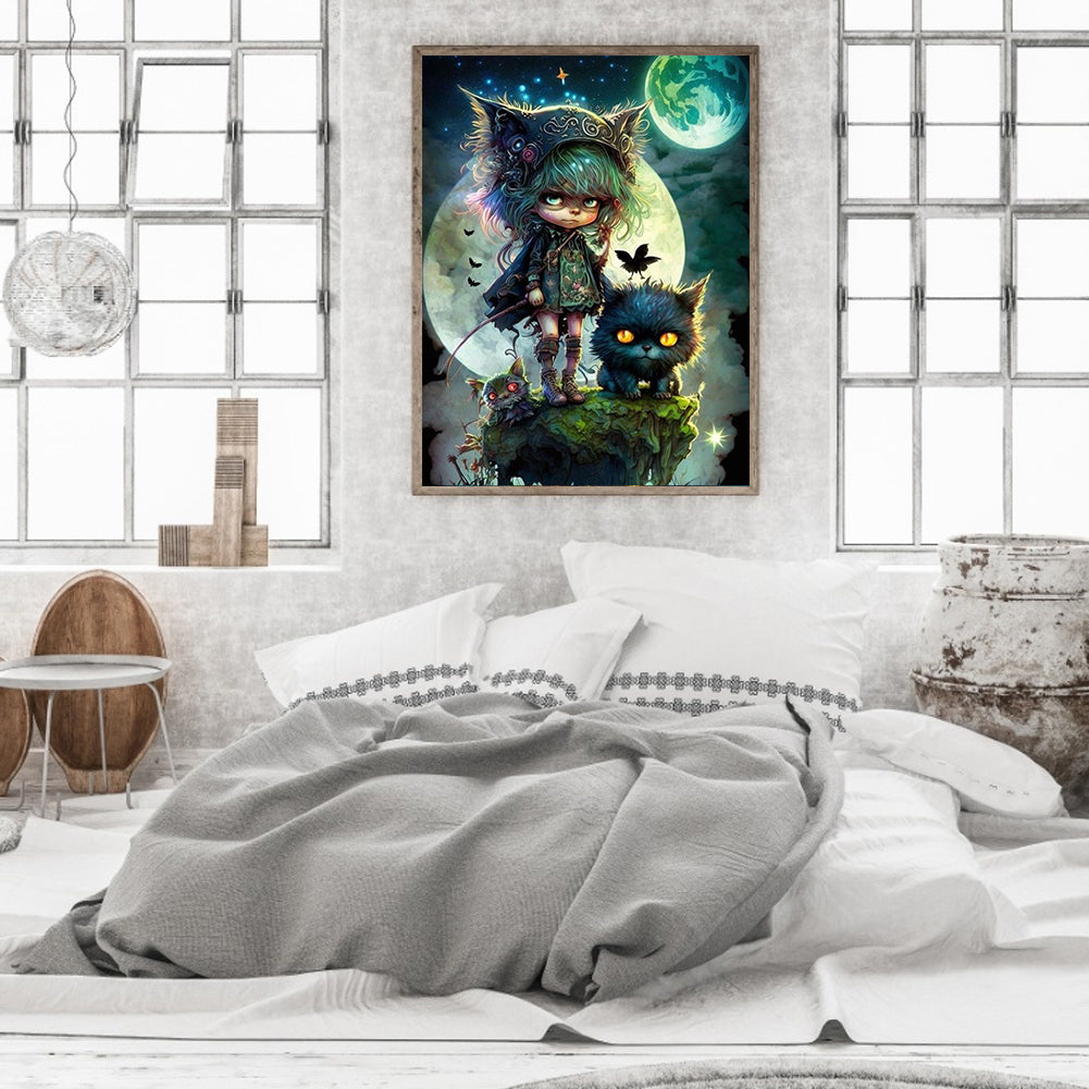 Animal Girl Under The Moon - Full Square Drill Diamond Painting 30*40CM