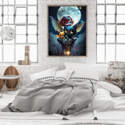 Animal Girl Under The Moon - Full Square Drill Diamond Painting 30*40CM