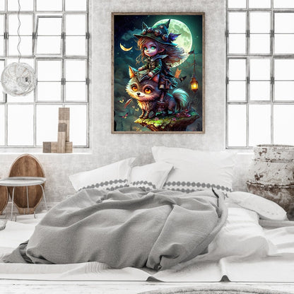 Animal Girl Under The Moon - Full Square Drill Diamond Painting 30*40CM