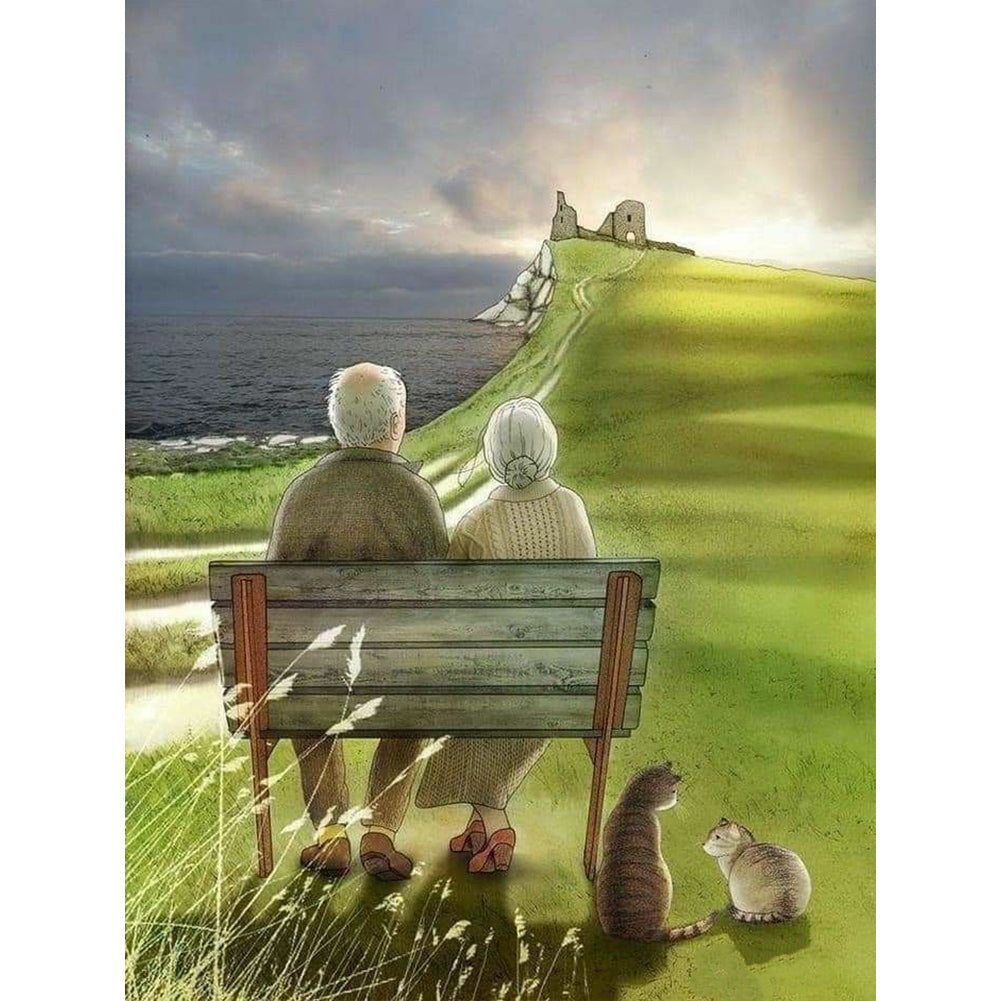 Old Couple Seaside Sunset - Full Round Drill Diamond Painting 30*40CM